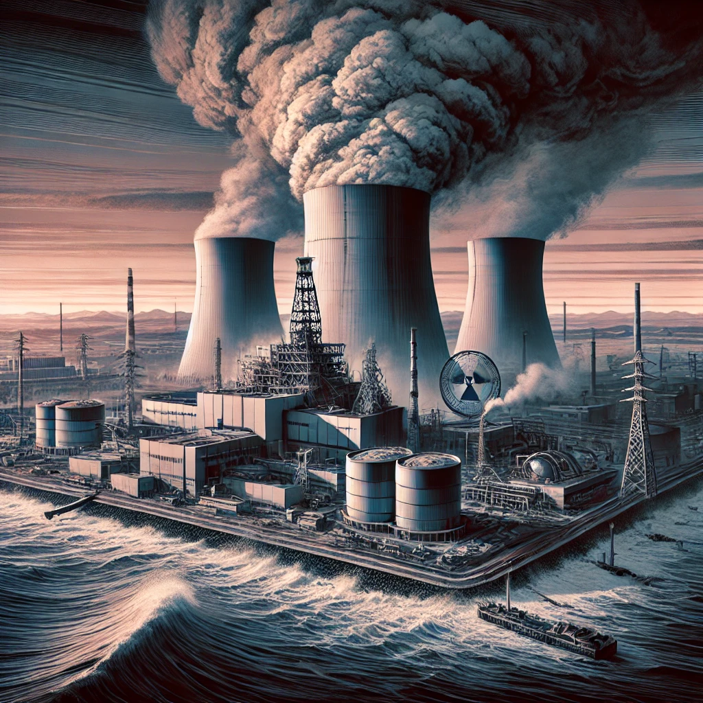 A somber illustration of the Fukushima Daiichi nuclear plant disaster. Smoke rises ominously from the reactors, and small waves from the tsunami hit the coastline. The darker color palette reflects the gravity of the situation, creating a serious and impactful mood.