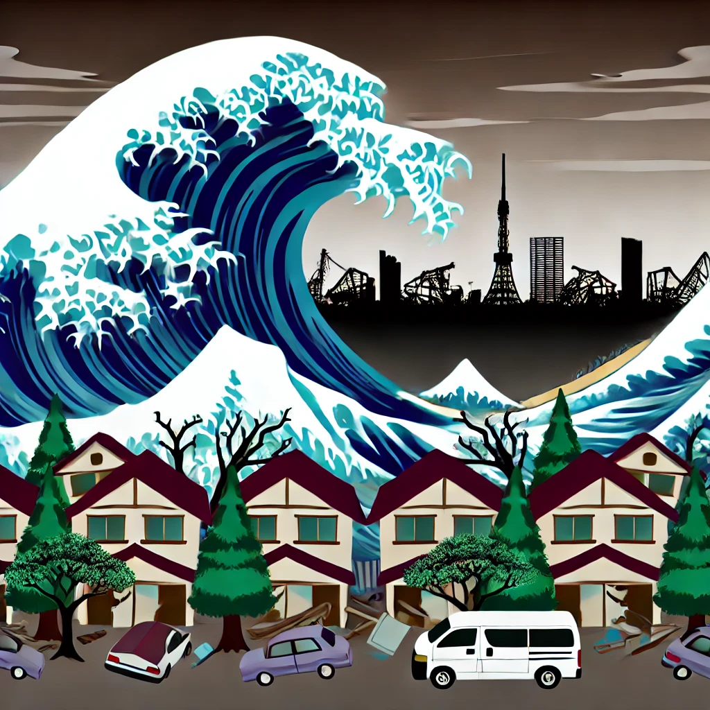A powerful illustration of a massive tsunami wave crashing into a coastal town in Japan. The wave is shown causing visible destruction to houses, trees, and debris, with a damaged skyline in the background. The darker colors emphasize the seriousness of the disaster.