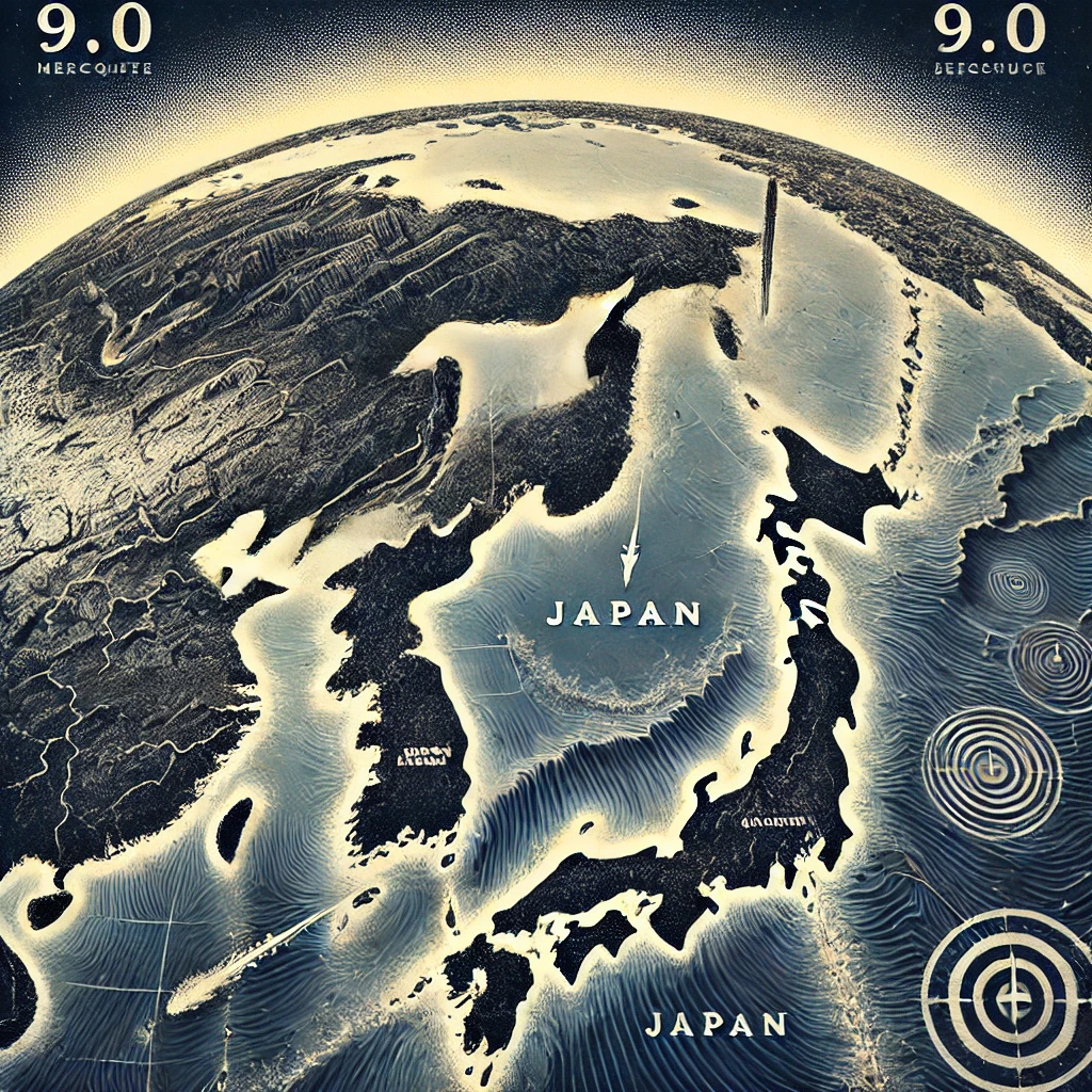 A serious illustration of a 9.0 magnitude earthquake under the ocean near Japan, showing cracks in the ocean floor and tectonic plates shifting. The background includes a darkened map of Japan with arrows indicating tectonic movement. The colors are intense and reflect the gravity of the event.