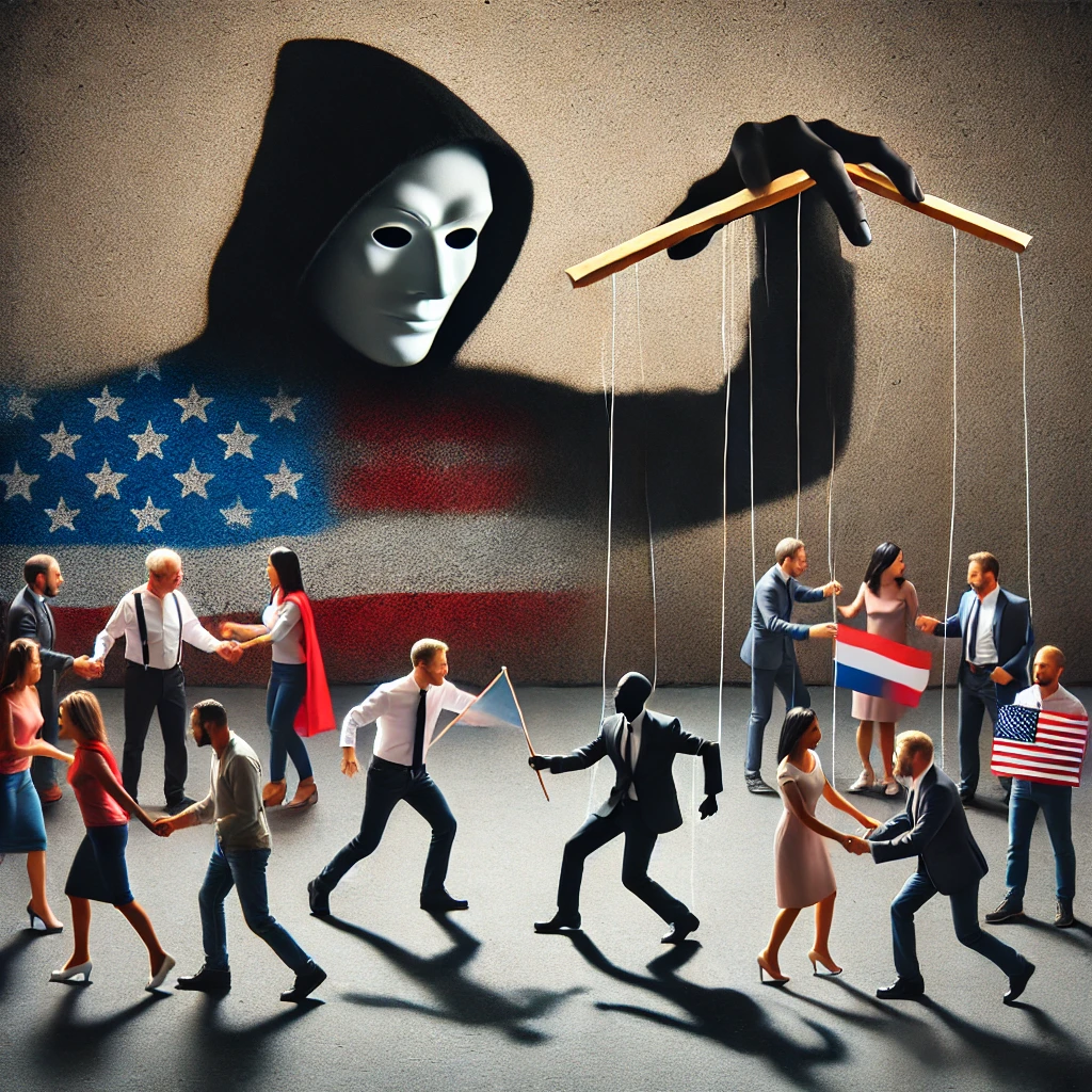 People of different races fighting while a shadowy figure in the background manipulates them like puppets, symbolizing how racism is used as a tool for division and distraction.