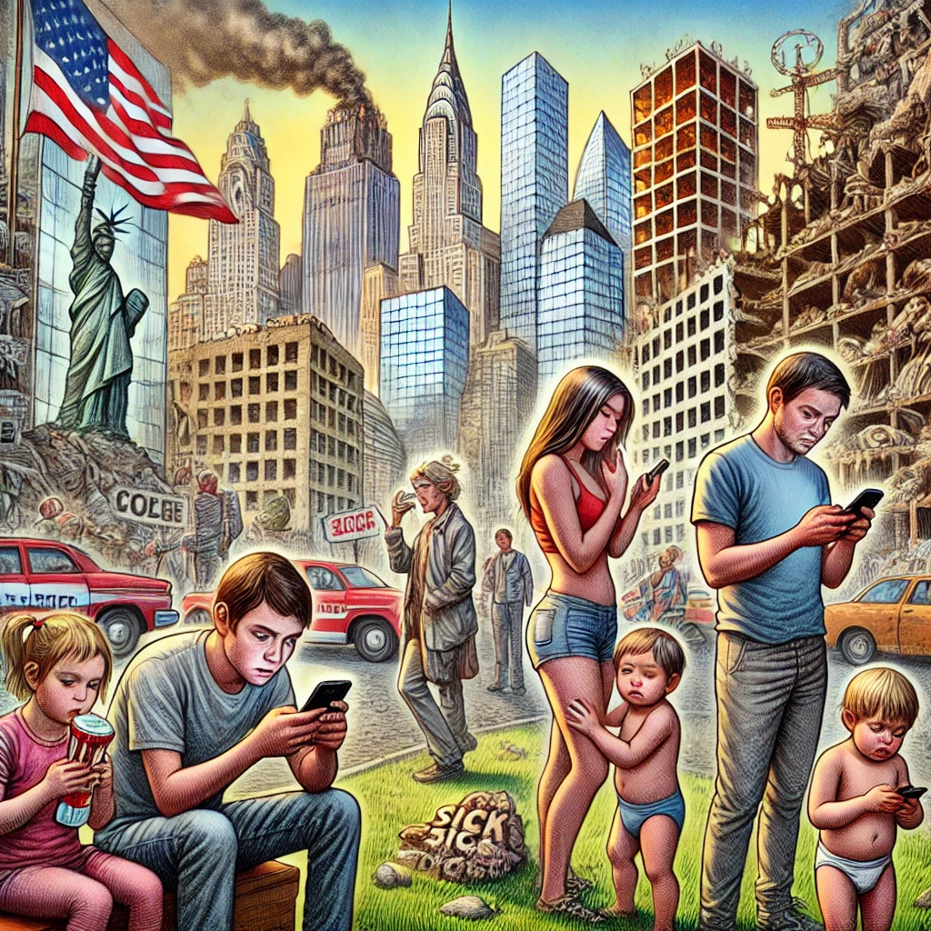 People sleepwalking through life, glued to their phones, as scenes of family, nature, and spirituality fade in the background, symbolizing disconnection from true meaning.