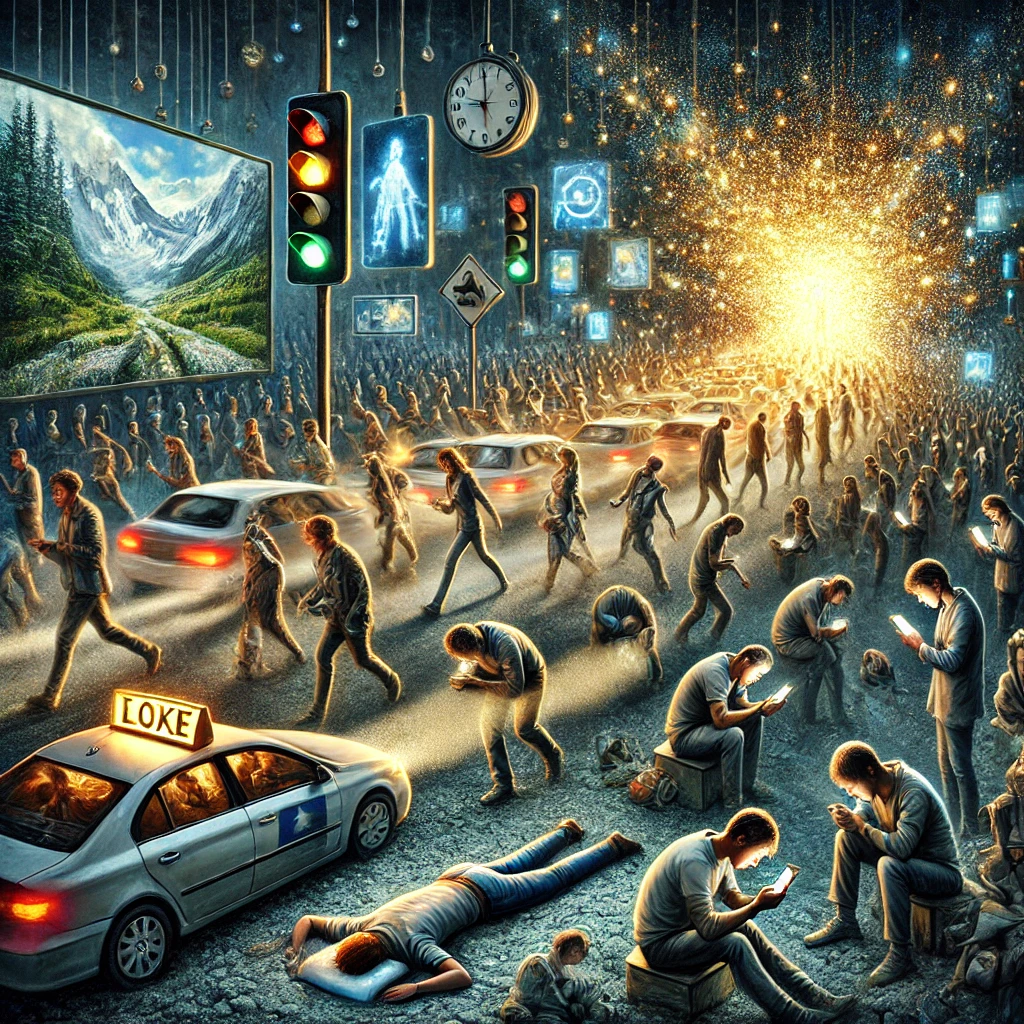 People sleepwalking through life, glued to their phones, as scenes of family, nature, and spirituality fade in the background, symbolizing disconnection from true meaning.