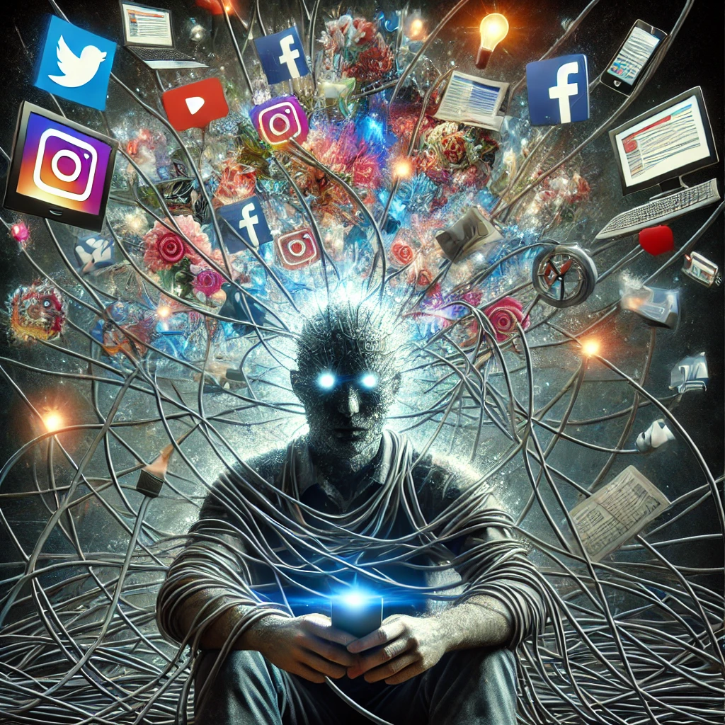 An abstract depiction of a person’s mind being overwhelmed by various distractions, such as social media, work, and television. The person is seated with a bright light emanating from their phone, while digital icons and wires extend from their head, representing mental overload.