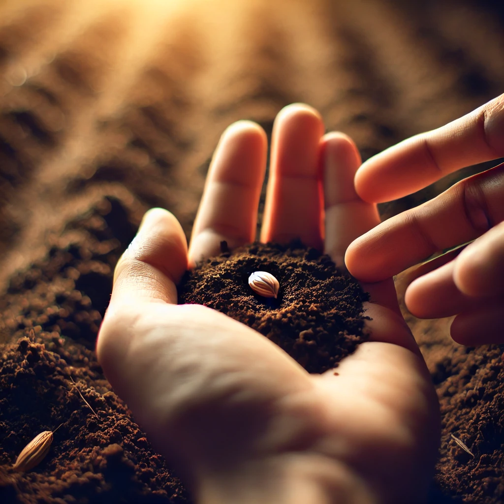 A hand holding a seed, symbolizing planting thoughts of faith, love, and possibility in the mind.
