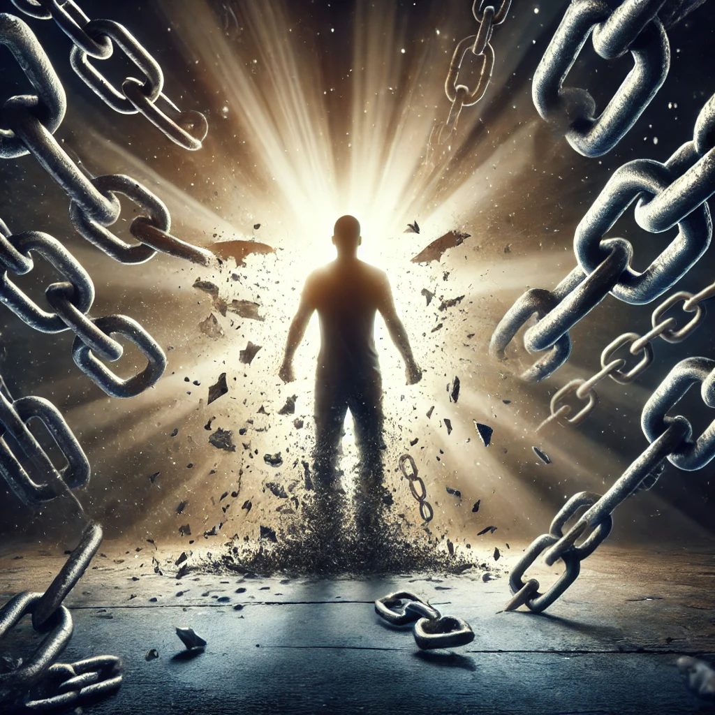 A person breaking free from chains, symbolizing freedom from mental and societal limitations.