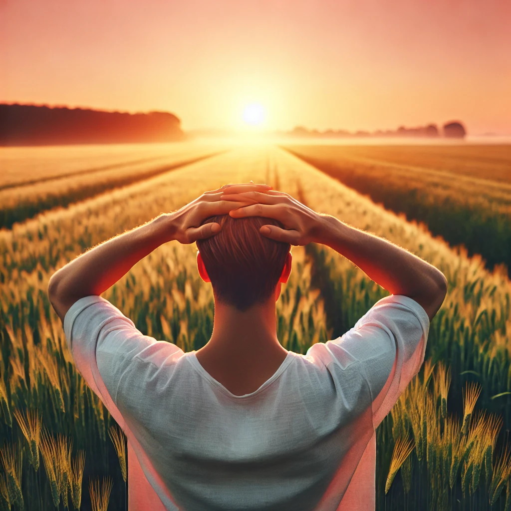 A person standing in a field at sunrise, symbolizing the power of peaceful and intentional thought.