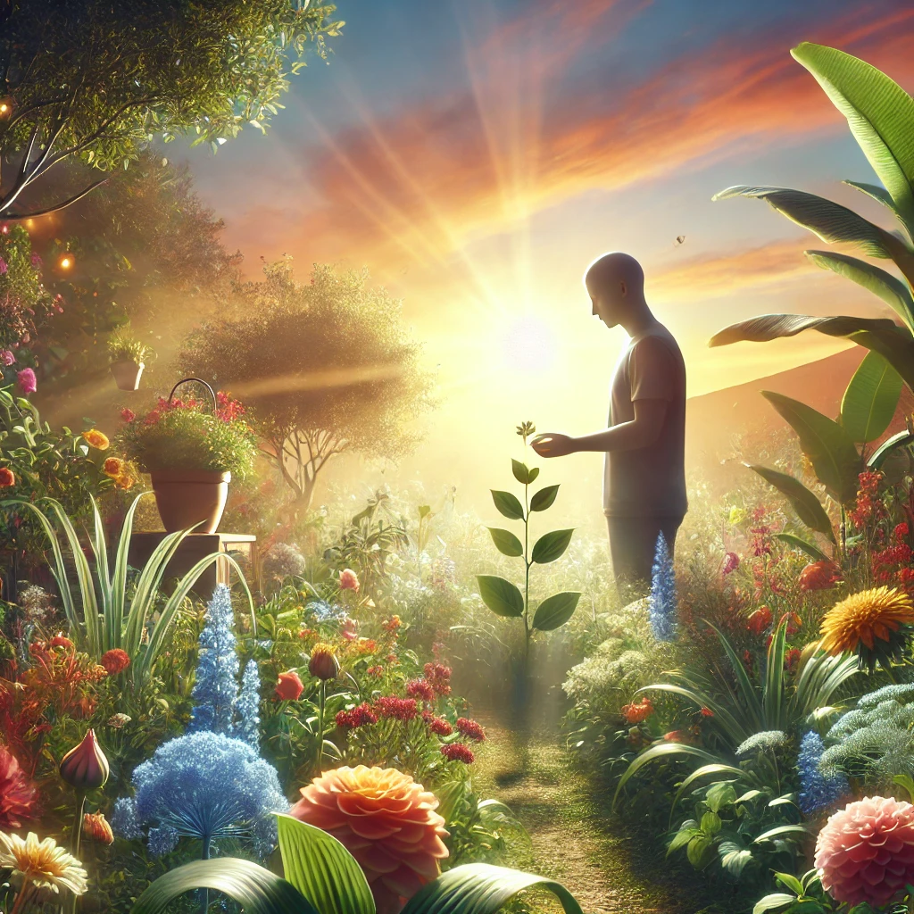 A blooming garden, symbolizing the potential of the mind when nurtured with positive thoughts.