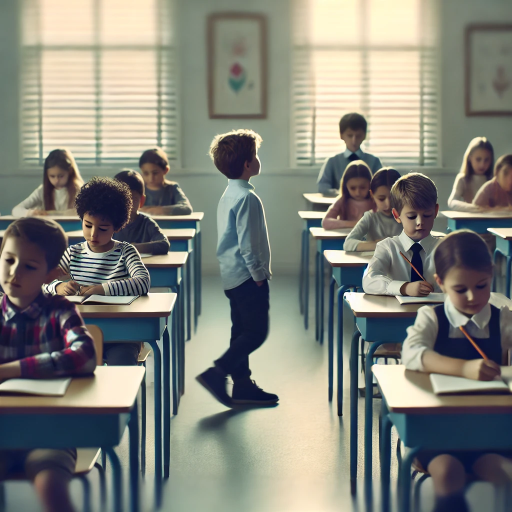 A child breaking away from the row of students, symbolizing free thinking and breaking away from societal norms.