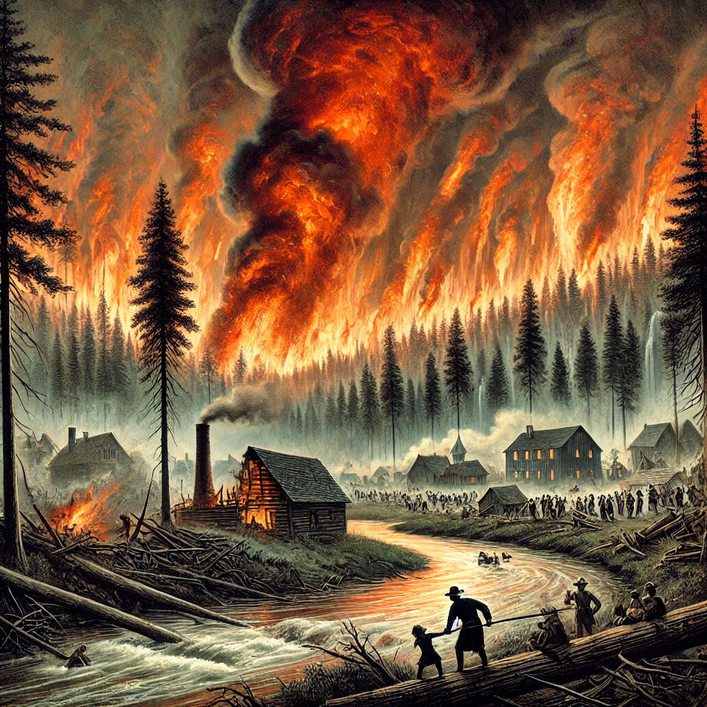 A chaotic scene from the 1871 Peshtigo Fire, showing a forest consumed by flames with fire tornadoes in the background. Panicked villagers are seen fleeing toward a river in a desperate attempt to escape, while homes and trees burn to ashes under a thick, smoky sky.