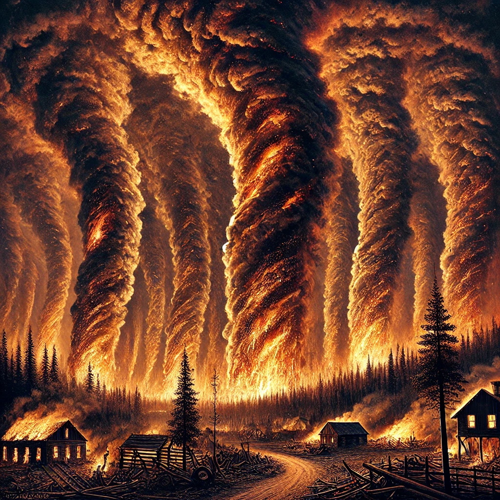 A terrifying scene from the 1871 Peshtigo Fire, showing massive fire tornadoes swirling upwards into the dark, smoky sky. Trees and buildings are engulfed in flames, and the high winds fuel the dangerous firestorms, spreading destruction across the landscape.