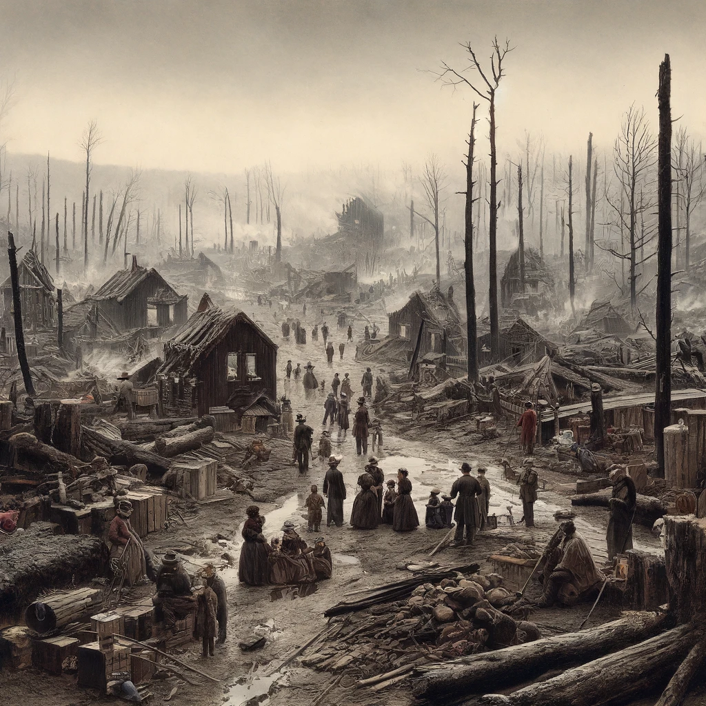 A somber scene from the aftermath of the 1871 Peshtigo Fire, showing a barren landscape with charred trees, burnt-down houses, and ash-covered ground. A small group of survivors huddles together near makeshift shelters, looking exhausted and shocked, under a grey, smoke-filled sky.