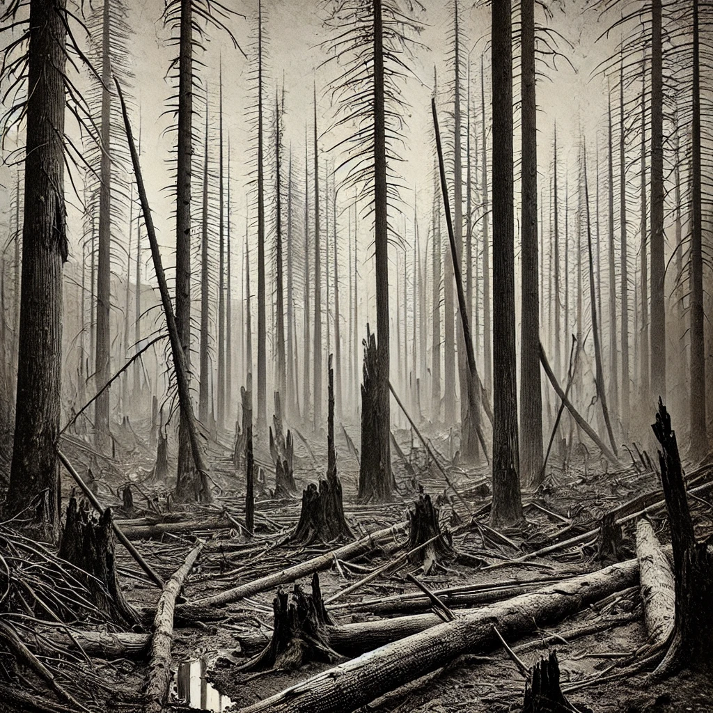 A barren forest landscape after the 1871 Peshtigo Fire, with charred tree stumps and ash-covered ground. The sky is hazy with lingering smoke, and remnants of burnt-out buildings are visible in the background, emphasizing the complete devastation left by the fire.