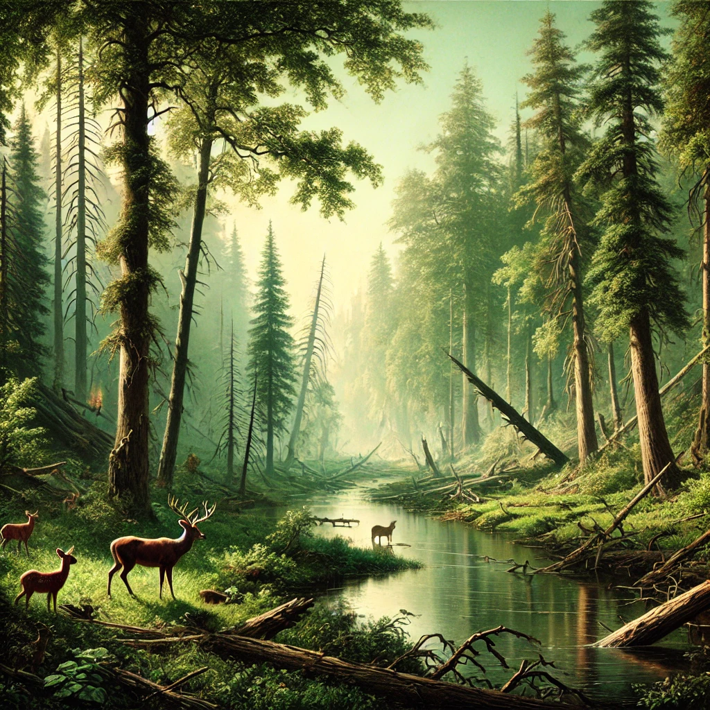 A serene forest scene before the 1871 Peshtigo Fire, with lush green trees, a calm river, and wildlife like deer and birds. The early morning light filters through the trees, creating a peaceful atmosphere that highlights nature's beauty before the fire.