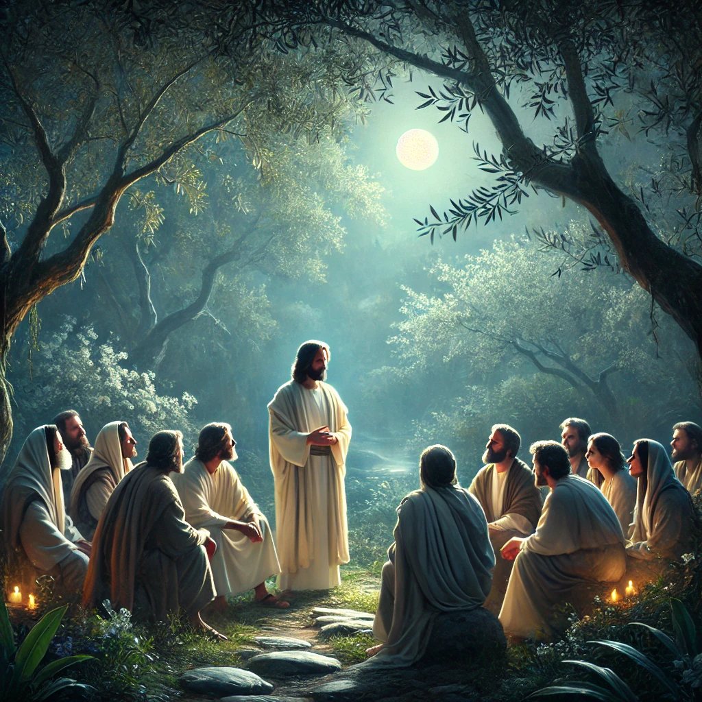 A serene scene of Jesus in a quiet garden at night, surrounded by his disciples, teaching forgiveness. The moonlight filters through the trees, creating a peaceful atmosphere with olive trees and flowers symbolizing compassion and peace.