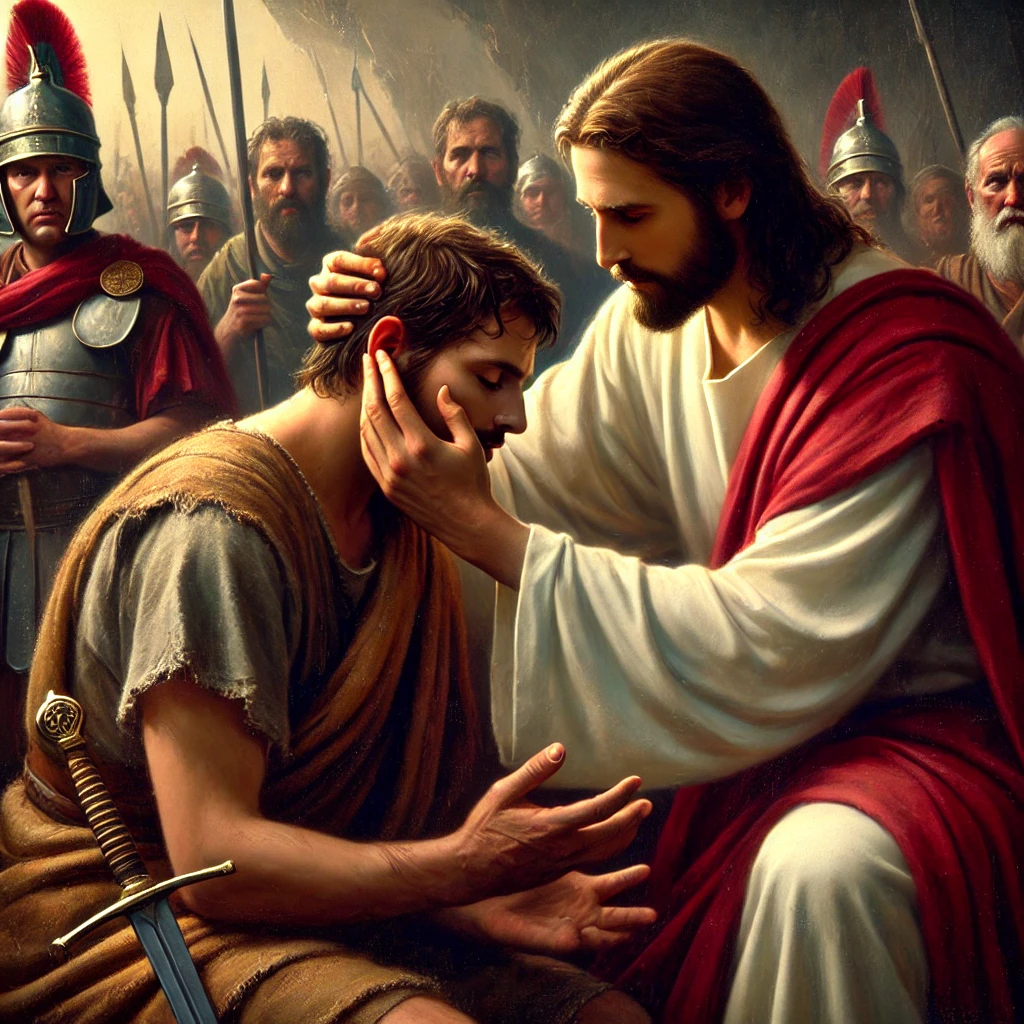 A historical scene of Jesus healing Malchus, the servant of the high priest, by touching his ear after it was cut off. Peter stands with a sword in the background as soldiers watch in awe. The moment represents forgiveness and compassion in a tense situation.