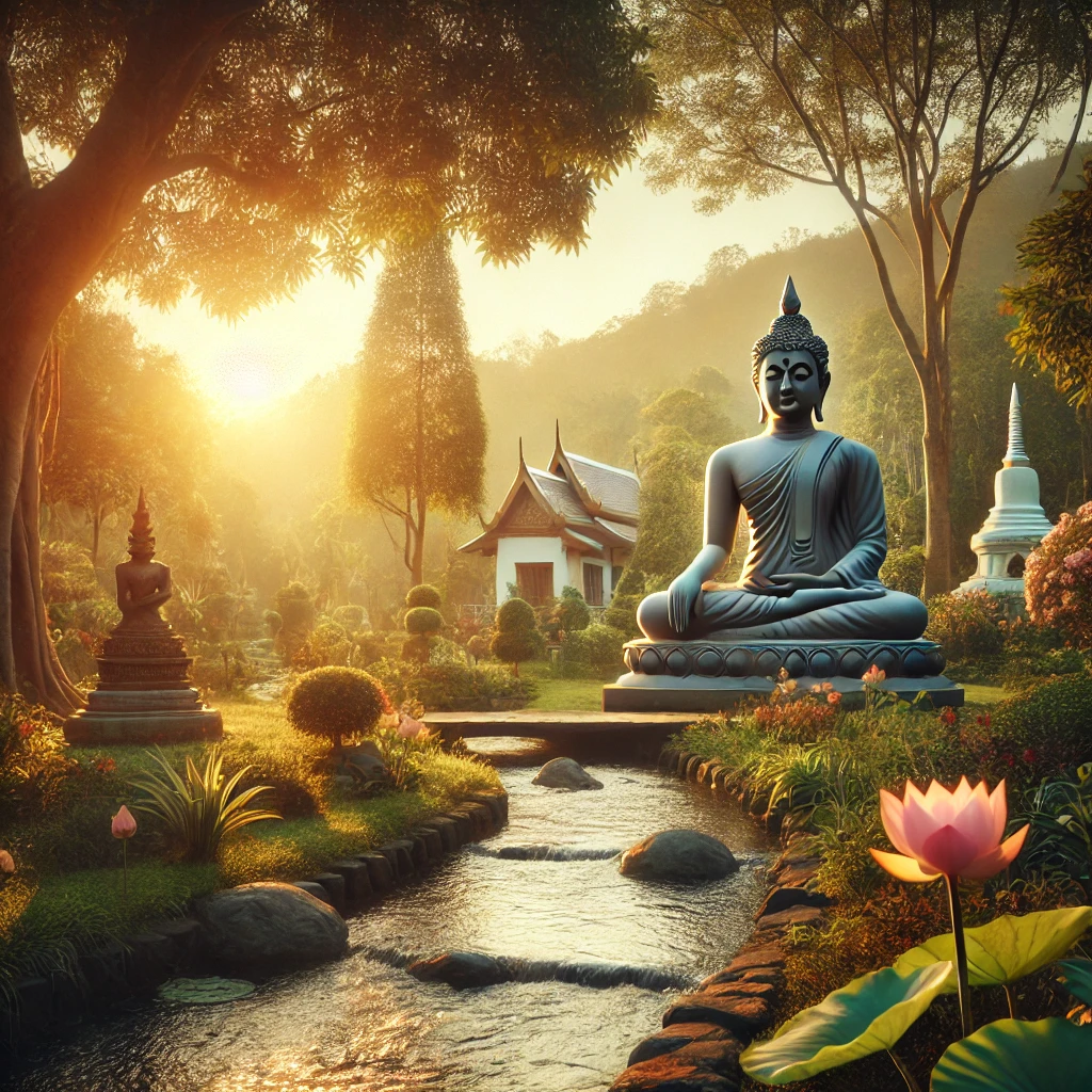 A serene Buddhist temple scene in a peaceful garden with a Buddha statue in meditation. The setting sun casts a golden light, and lotus flowers bloom in a nearby stream, representing inner peace and the release of anger and resentment.