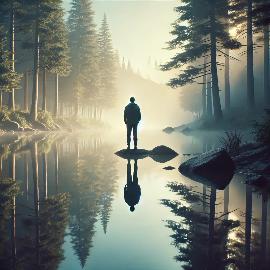 A reflective scene of a person standing at the edge of a calm lake, gazing at their own reflection. The surroundings are peaceful with tall trees and soft mist, symbolizing self-forgiveness and the process of letting go of guilt and regret.