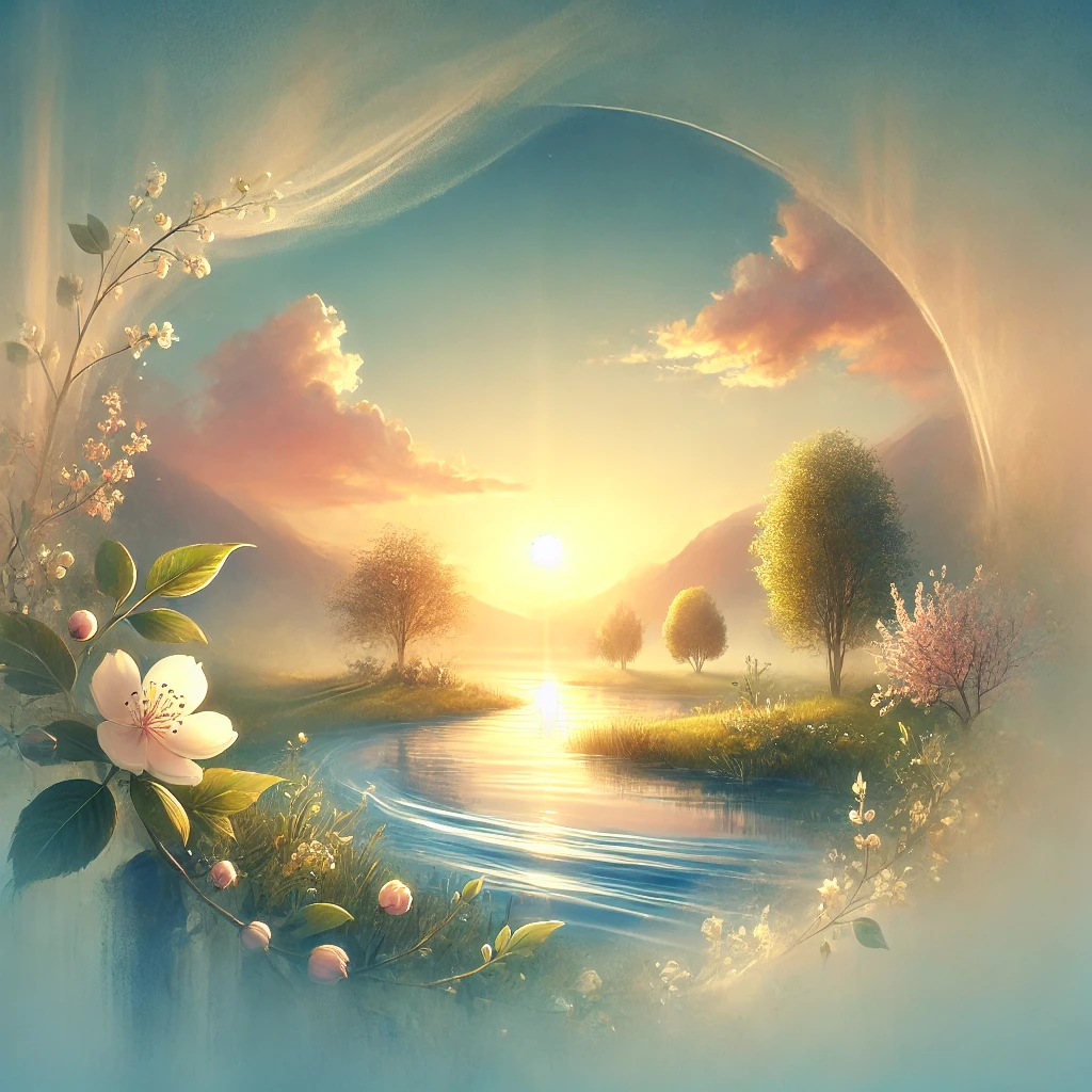 A calming landscape at sunrise, with a tranquil river reflecting soft light. Blooming trees and flowers in the distance symbolize new beginnings, creating a peaceful atmosphere that represents inner peace and the beauty of forgiveness.