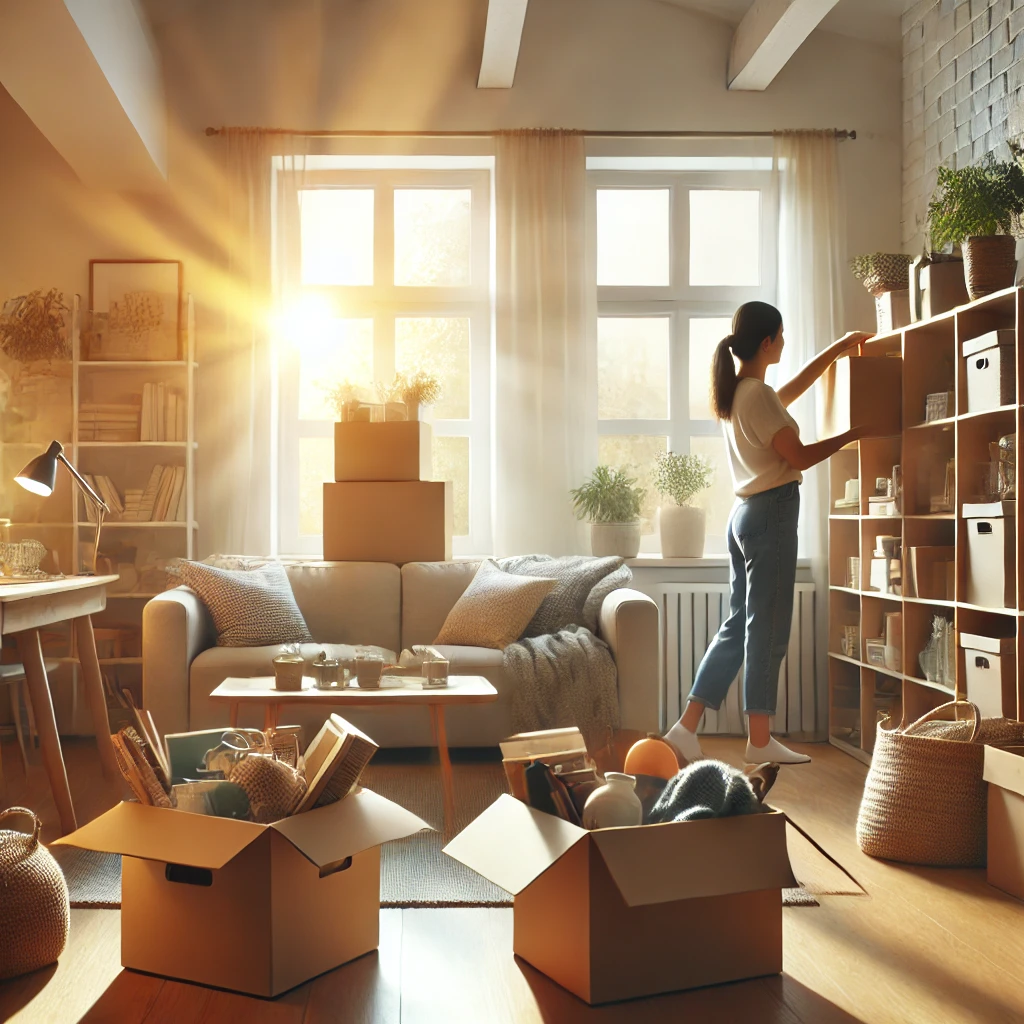 A cozy and organized home interior with a person happily decluttering, placing items into boxes. Sunlight streams through the windows, and the room feels open and refreshed, symbolizing the emotional relief and clarity that come with forgiveness.