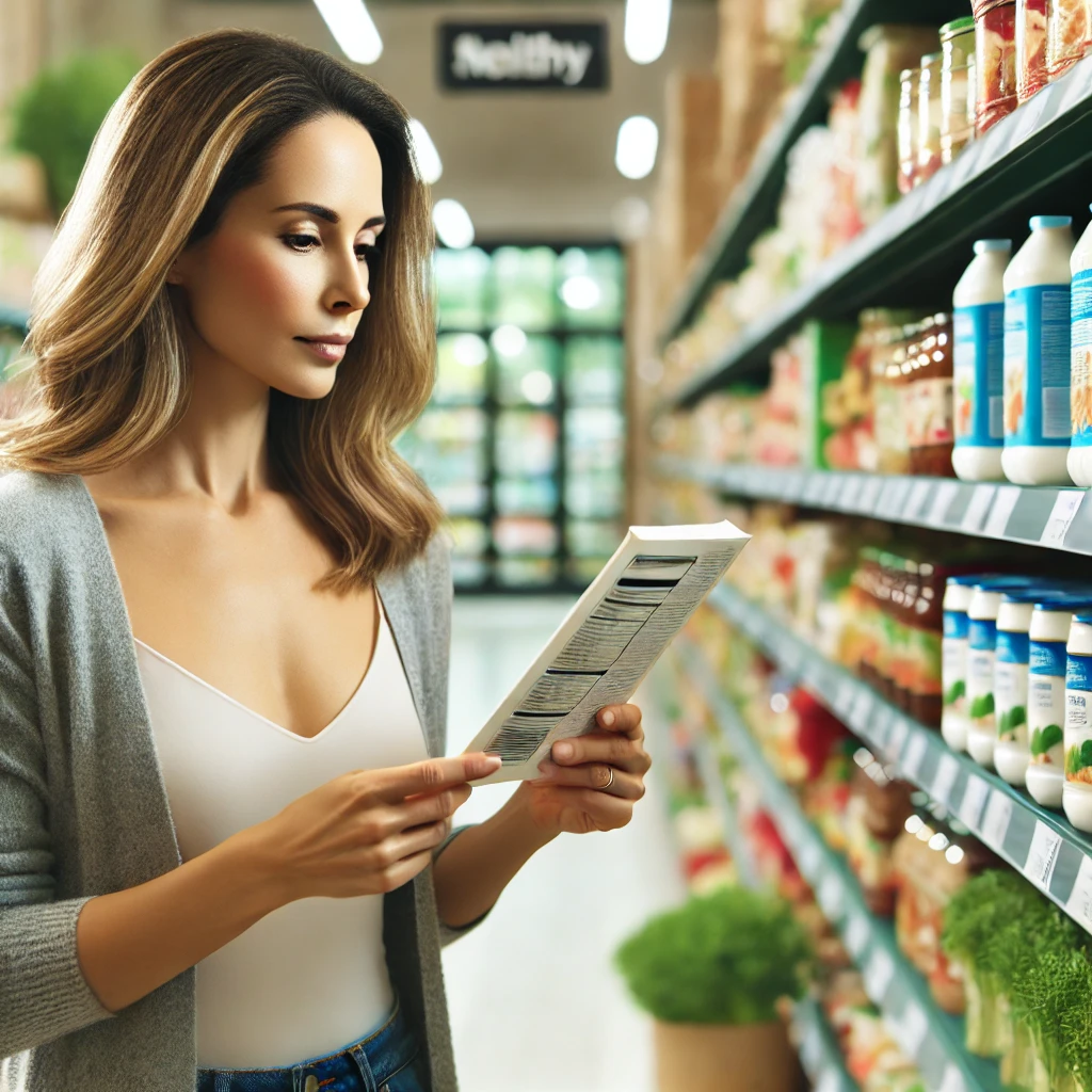 A mom stands in a grocery store aisle, carefully reading labels on groceries. She is surrounded by healthy food options, symbolizing mindful shopping and making informed choices for healthier living. The background shows shelves filled with various products.