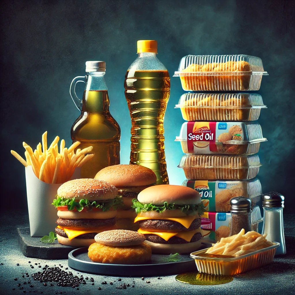 A visual representation of fast food items like burgers, fries, and frozen meals, with bottles of seed oil prominently displayed beside them. The scene has a dark, shadowy background, symbolizing the hidden health risks associated with using seed oils in food production.