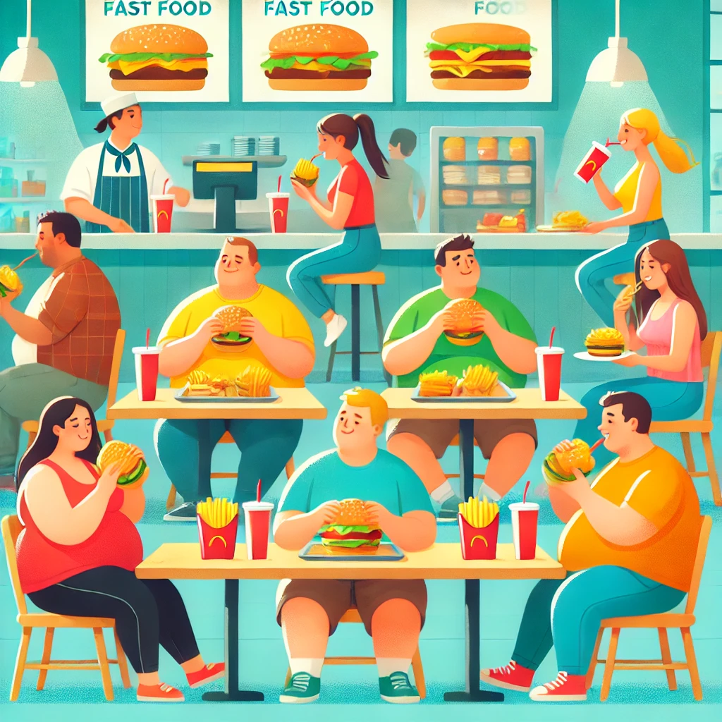 A bright, casual fast food restaurant where every customer is visibly overweight, happily eating burgers, fries, and drinking sodas. The scene symbolizes the overconsumption of fast food and unhealthy eating habits, with a cheerful mood contrasting the visible health consequences.