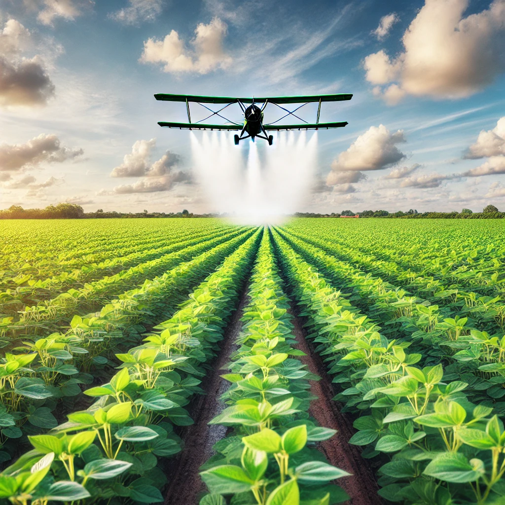 A wide view of a soybean field with a plane flying overhead, spraying pesticides over the crops. The green soybean plants stretch into the distance under a bright sky, contrasting the natural landscape with the industrial practice of pesticide spraying.