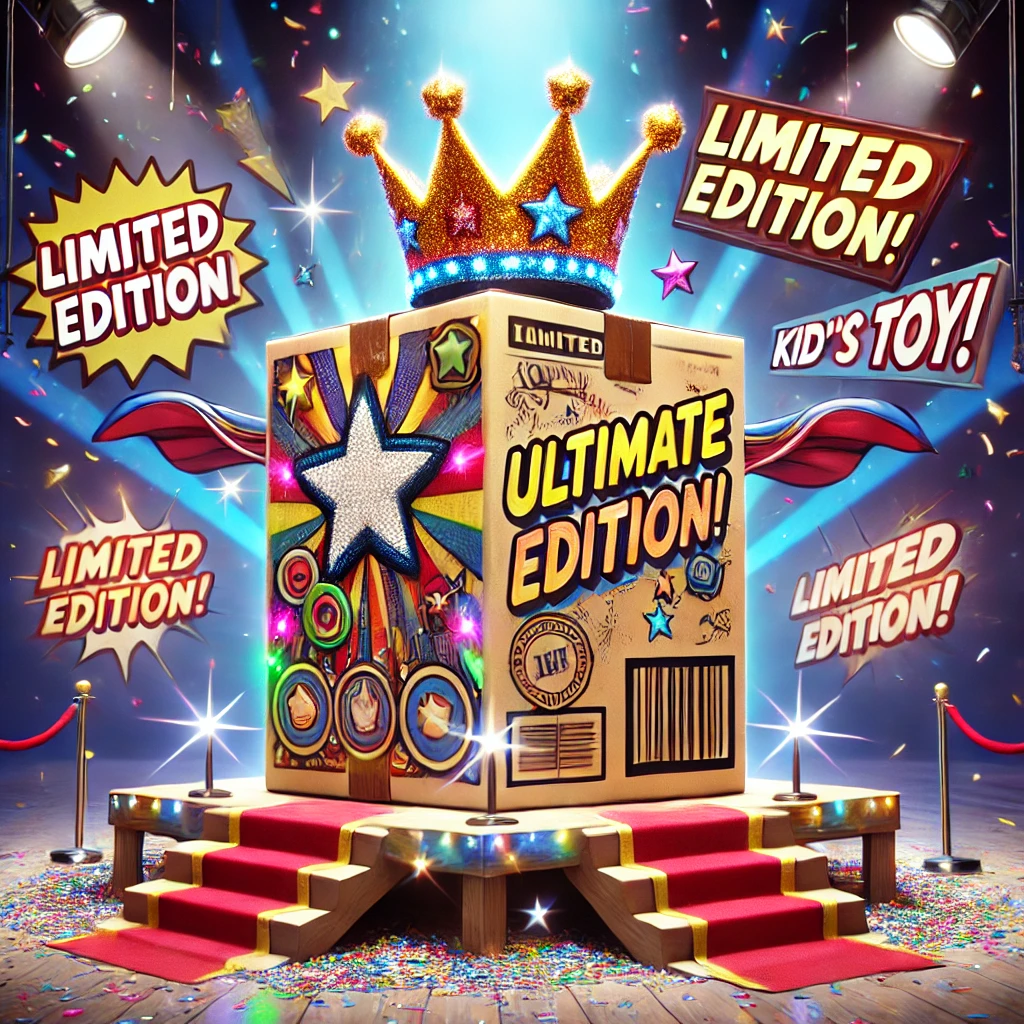 A comically exaggerated image of a cardboard box presented as the ultimate toy, adorned with sparkling lights, glitter, a superhero cape, and a crown. Surrounding it are large signs saying 'LIMITED EDITION' and 'KID'S DREAM TOY!' in bold, colorful letters, with confetti and a spotlight adding to its grand and humorous appearance.