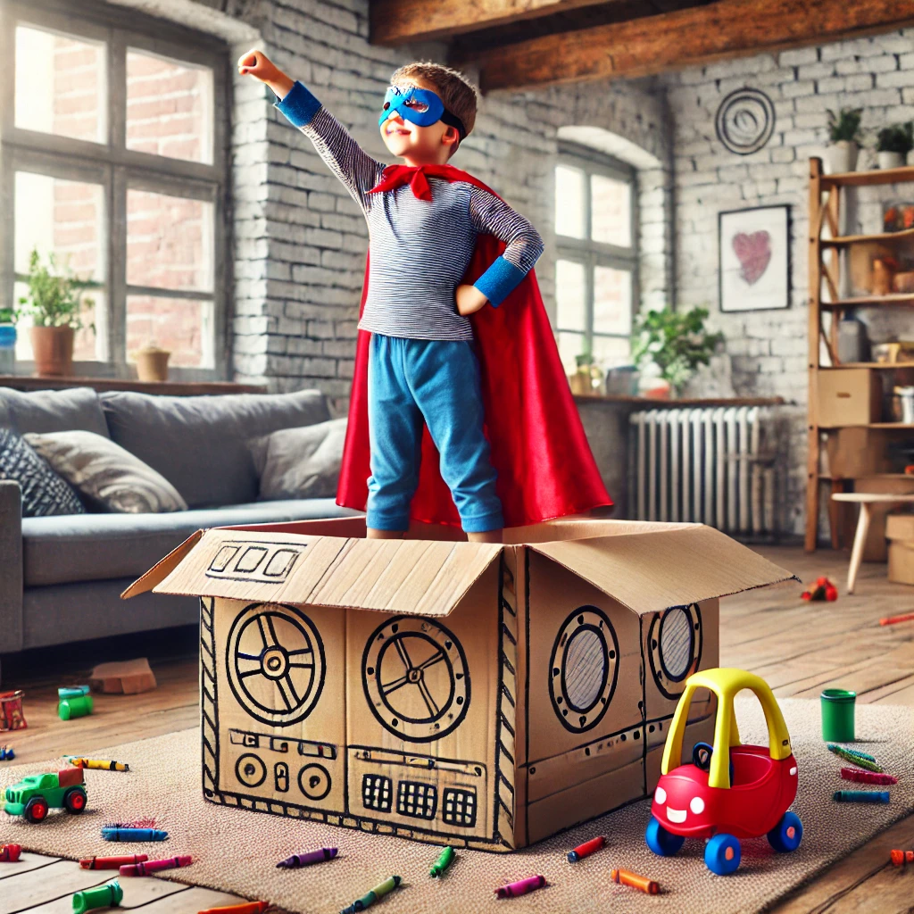 A funny image of a child in a superhero costume standing proudly on top of a large cardboard box, striking a heroic pose. The box is decorated with drawn-on controls and windows, resembling a spaceship. The background is a playful, cluttered living room filled with scattered crayons, toy cars, and books.