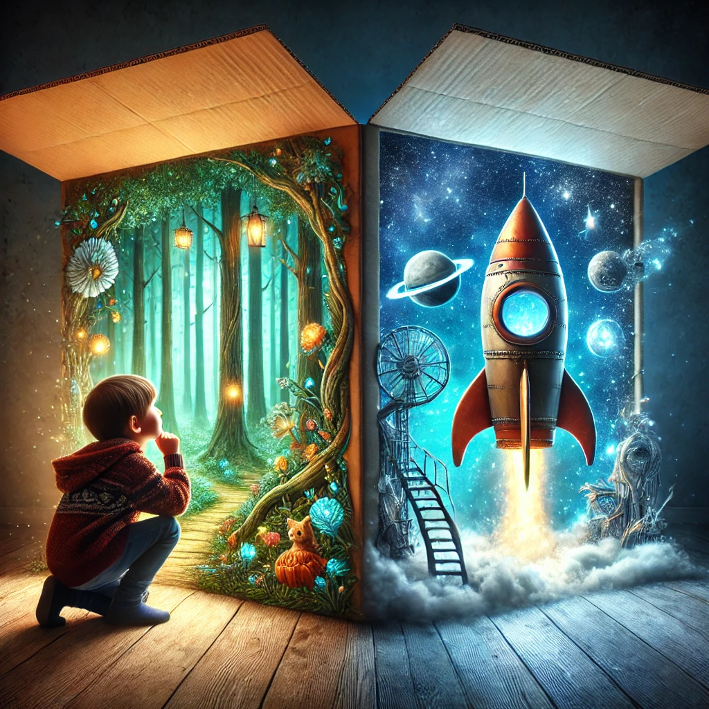 A whimsical image of a child peering into a large cardboard box, which reveals a fantastical world inside. One side shows a portal to a magical forest resembling Narnia, with glowing trees and mythical creatures, while the other side transforms into a futuristic rocket with stars and planets. The child's face is lit up with wonder, capturing the limitless imagination of childhood.