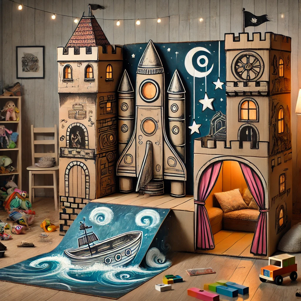 A whimsical image of a large cardboard box transforming into different imaginative forms: a spaceship with painted-on controls, a medieval castle with turrets, a pirate ship with a flag, and a cozy reading nook lined with pillows and fairy lights. The background is a child's room filled with toys, showcasing the endless possibilities of play.