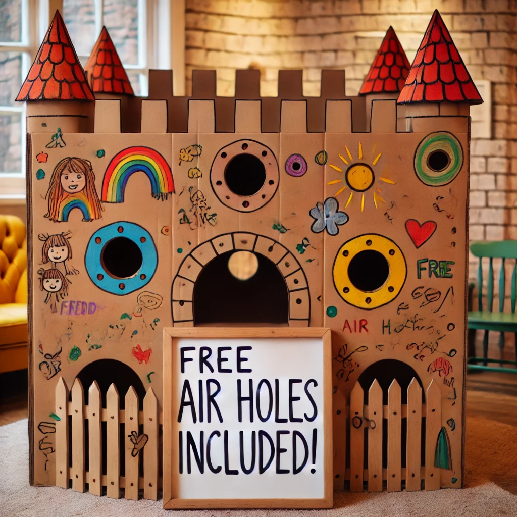 A whimsical scene of a large cardboard box designed as a child's kingdom, complete with neatly cut air holes. The box is adorned with colorful drawings, stickers, and crayon scribbles, resembling a space of imaginative play. In front of the box, a sign humorously reads 'FREE Air Holes Included!' creating a warm, playful atmosphere.
