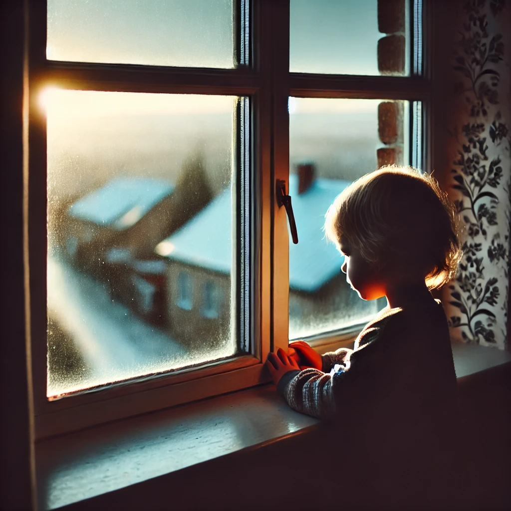 A young child gazing out of a window, embodying the feelings of loneliness and hope in a dimly lit room.
