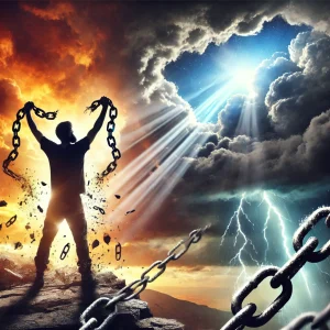 An individual breaking free from chains as a storm clears, revealing sunlight and symbolizing liberation and taking control.