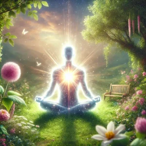 A person meditating with a glowing light emanating from their chest, representing the divine power within.