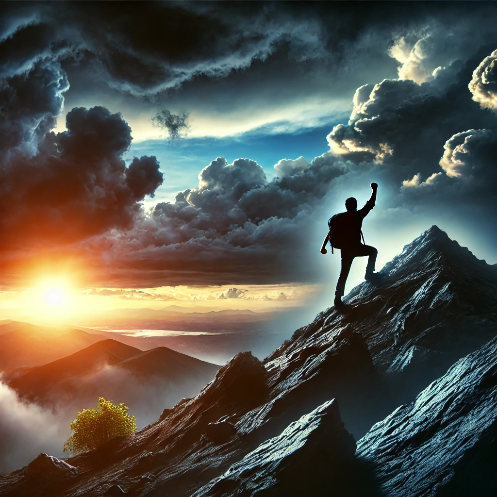 A person climbing a steep hill, with dark clouds parting to reveal a bright sunrise, symbolizing the daily struggle and victory over obstacles.