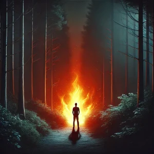 A person at the edge of a forest, with a path ablaze, representing the journey of facing inner demons and pursuing truth.