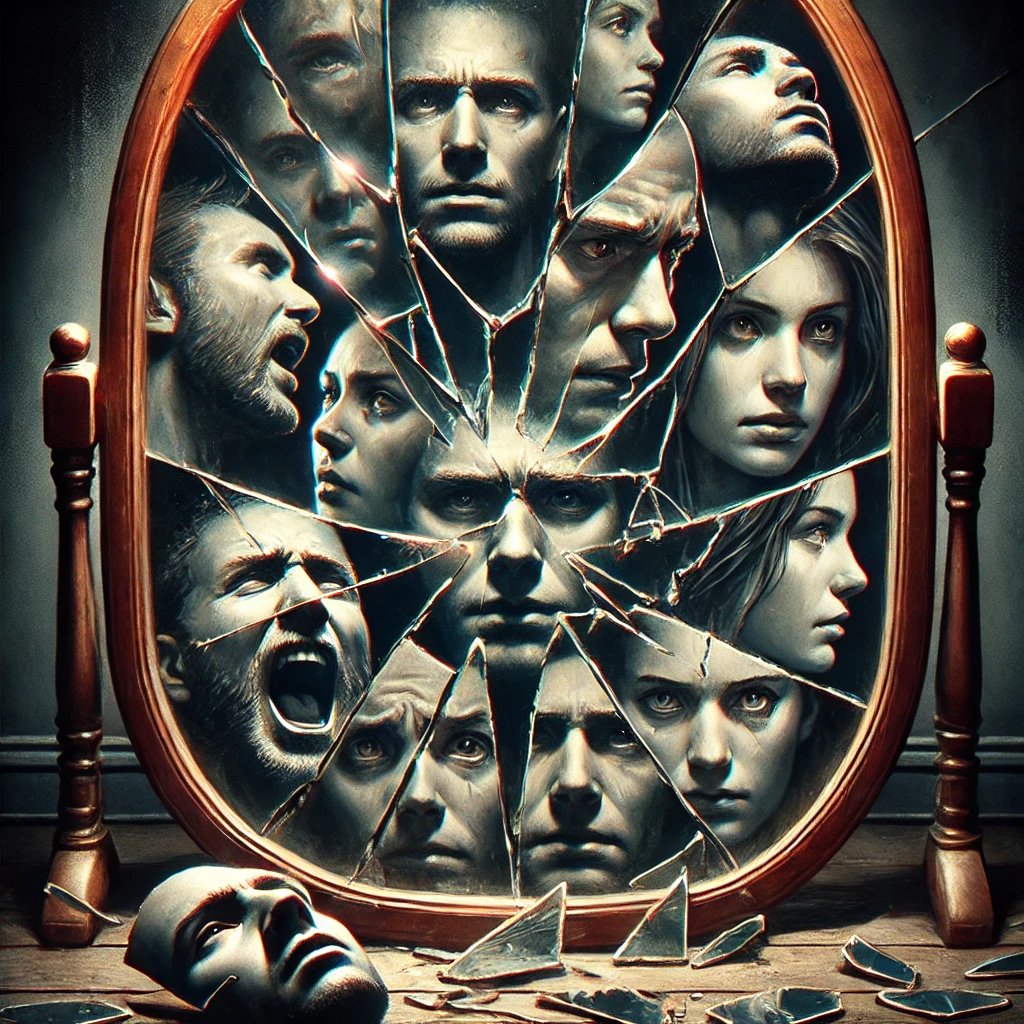 A broken mirror reflecting multiple faces, symbolizing self-reflection and the struggle of confronting one's own excuses.