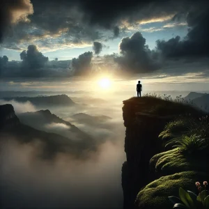 A symbolic image of a person standing on a cliff's edge at dawn, facing a vast landscape shrouded in mist, with sunlight breaking through. This represents life's journey, challenges, and the potential for awakening.