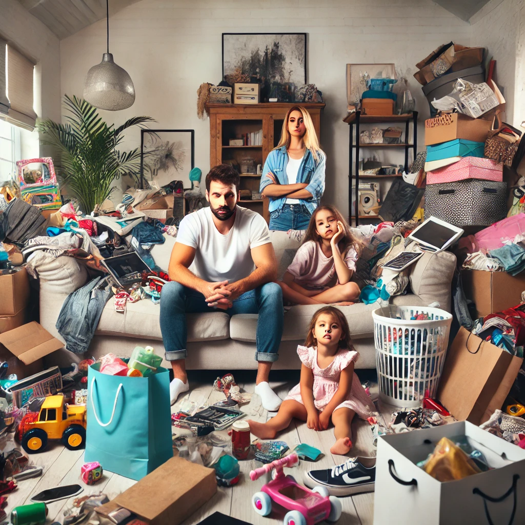 Image of a cluttered room filled with clothes and items, illustrating consumerist overload.