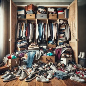 A cluttered closet filled with clothes, shoes, and accessories spilling out, illustrating the overwhelming effects of over-consumption and the need for organization and minimalism.