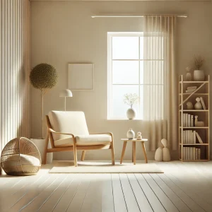A simple and organized minimalist living room with a cozy chair, a plant, and a small bookshelf. The clean, bright space highlights the calm and peaceful effect of minimalism compared to cluttered spaces.