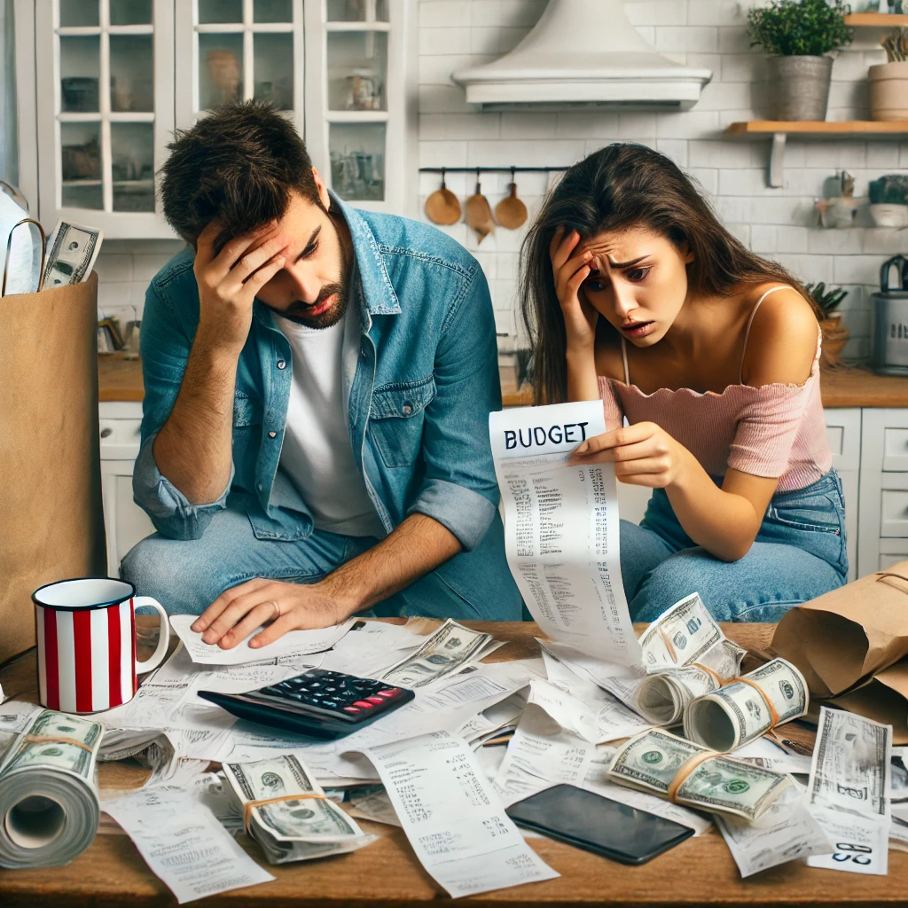 A young couple reviewing their household budget with stressed expressions at a cluttered kitchen table filled with receipts, bills, and shopping bags, highlighting the financial strain and emotional toll of over-consumption.