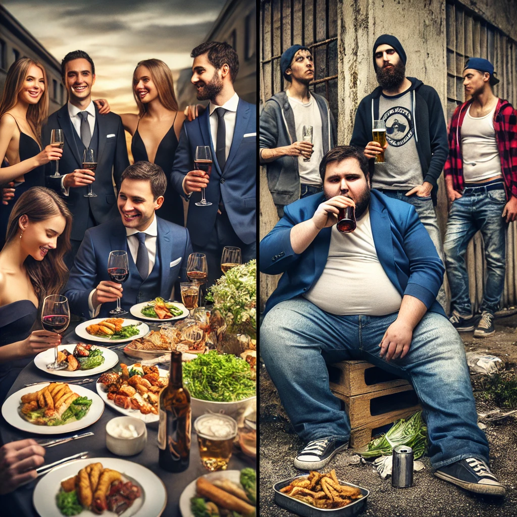 A split-image showing two contrasting groups of friends. On the left, a well-dressed group of successful friends enjoying an elegant dinner party, sharing gourmet food and wine in a refined setting. On the right, a group of casually dressed individuals in a rundown area, with one man overweight and drinking beer, highlighting stark differences in lifestyle and environment.