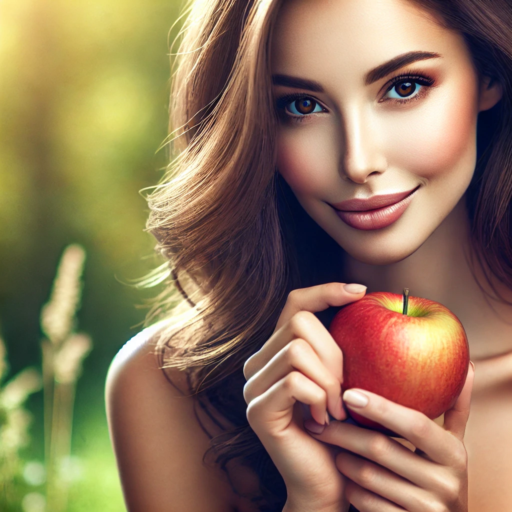 A beautiful woman enjoying an apple in a peaceful, natural setting, symbolizing mindfulness and the joy of healthy living.