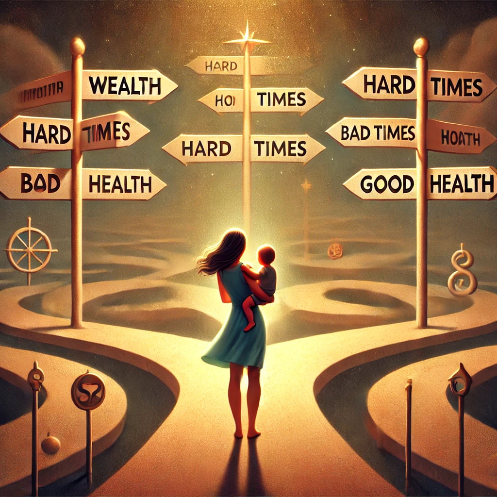 A woman holding her child at a crossroads with paths leading to wealth, hard times, the unknown, bad health, and good health, symbolizing life choices and challenges in a warm, dreamlike style.