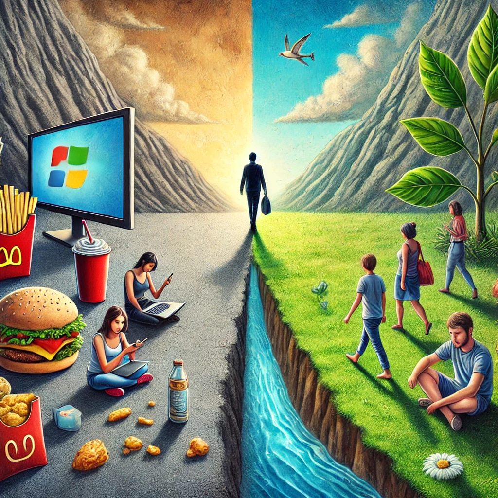 A symbolic scene showing a divide between people absorbed in screens, junk food, and shallow entertainment, contrasted with a person walking toward nature, peace, and freedom, symbolizing the choice between distraction and mindful living.