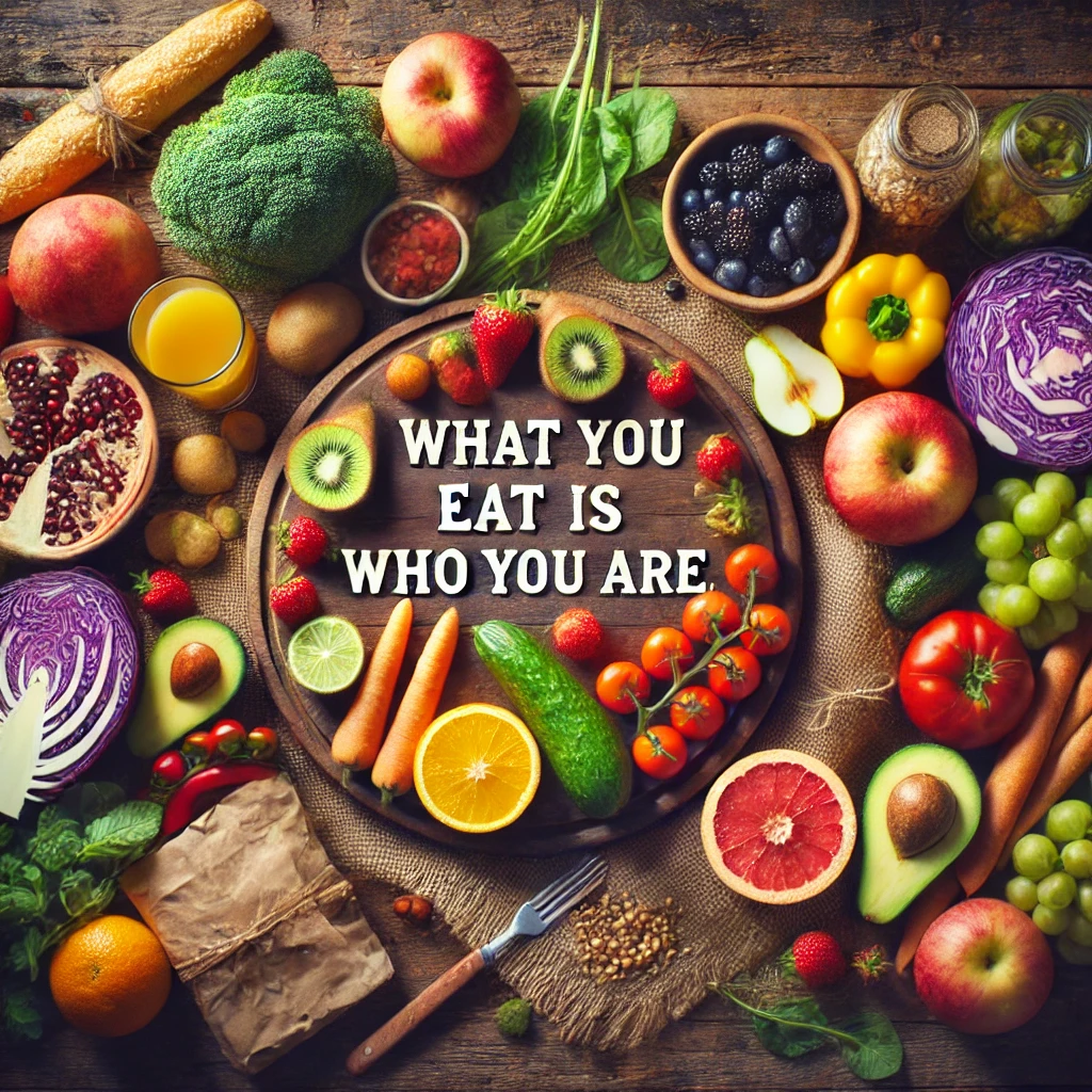 A vibrant and healthy meal setup featuring fresh, colorful fruits, vegetables, and whole foods on a rustic table, symbolizing the impact of a nutritious diet on well-being.