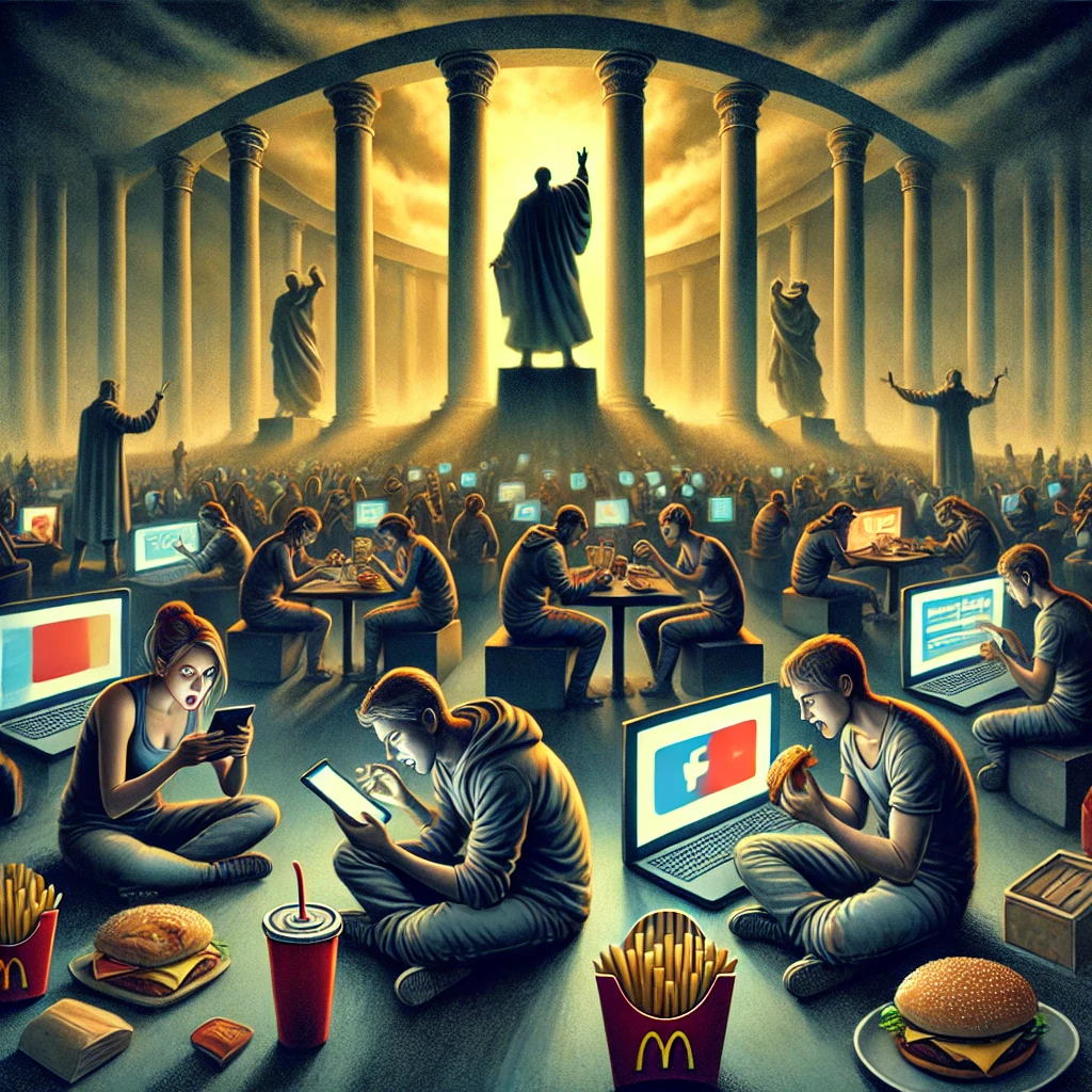 A surreal scene illustrating the modern 'bread and circuses' concept, showing people absorbed in screens and consuming fast food. In the background, shadowy figures loom, symbolizing control and societal influence.