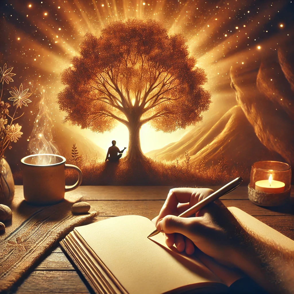 A person journaling under a tree with warm, natural lighting, symbolizing gratitude, mindfulness, and inner peace in a slightly surreal, peaceful environment.